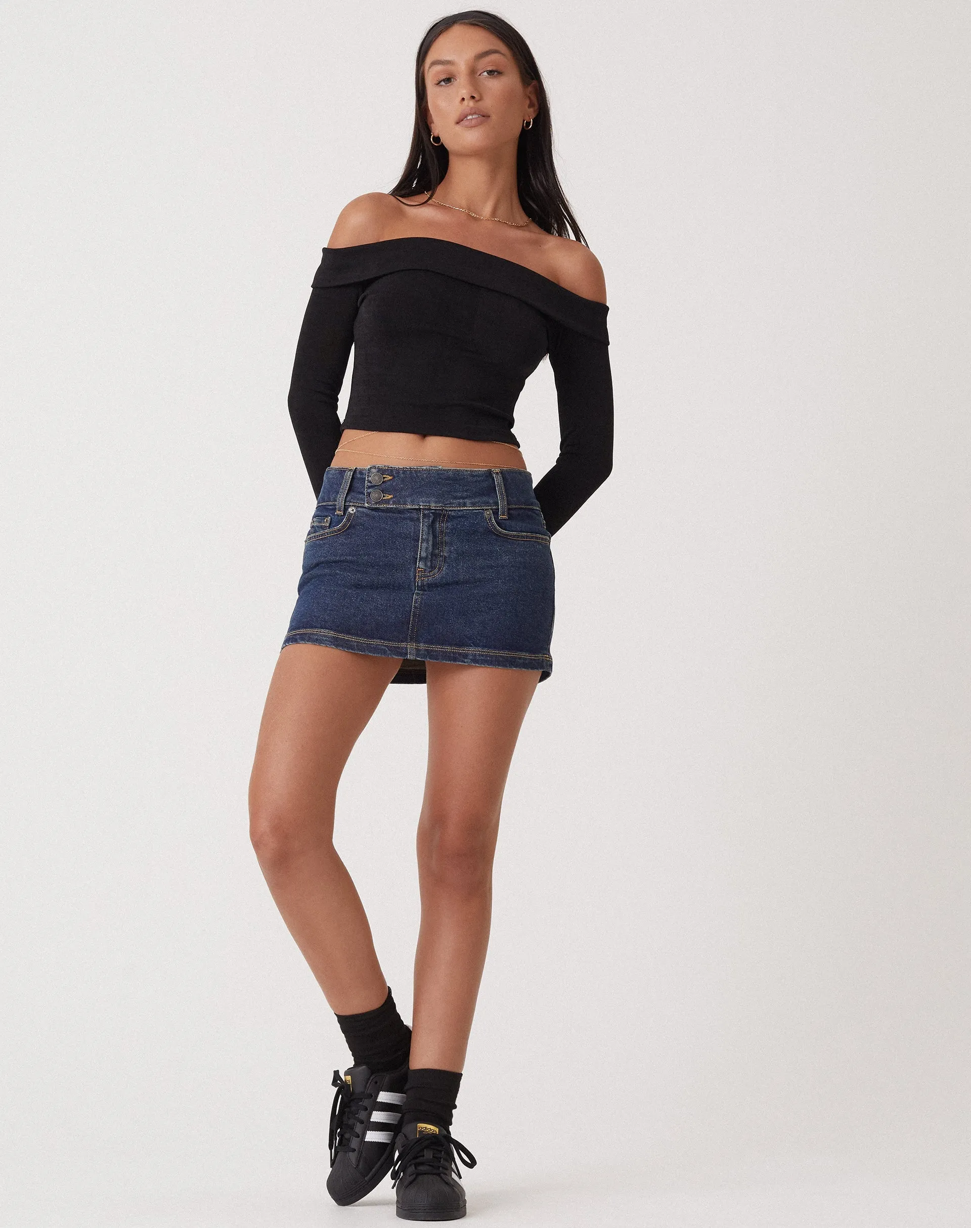 MOTEL X OLIVIA NEILL Low Rise Denim Micro Skirt in Dark Vintage Wash