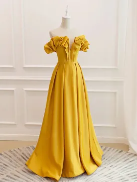 Off the Shoulder Yellow Burgundy Long Prom Dresses, Yellow Wine Red Long Satin Formal Dresses