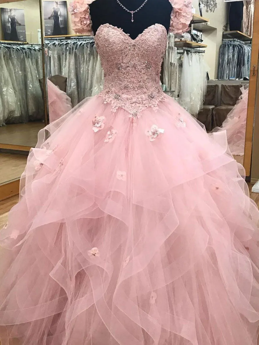 Pink Sweetheart Tulle Long Prom Dress,Ball Gown sweet 16 dresses,Princess Quinceanera Dresses