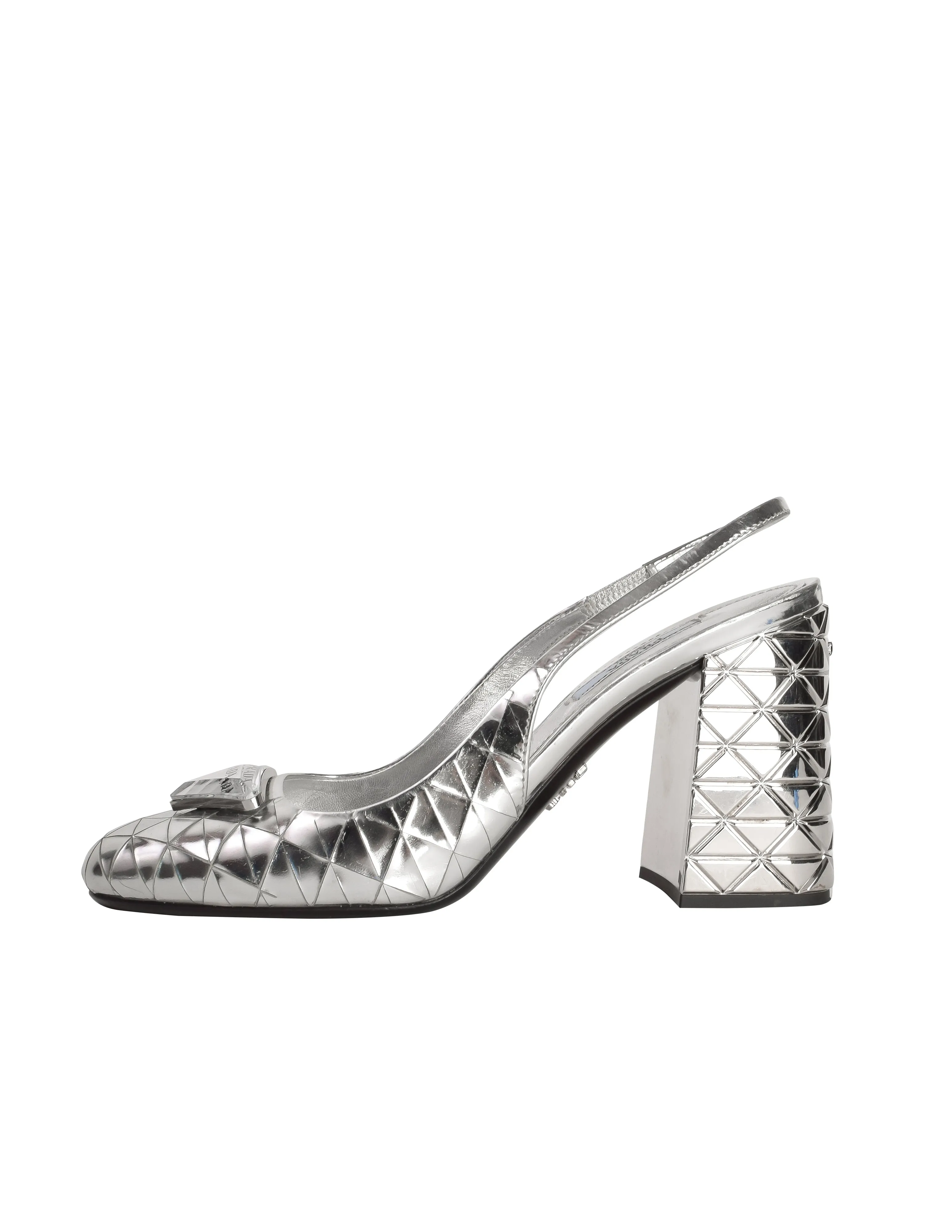 Prada 2022 Metallic Silver Leather Triangle Inlay Mirrored Square Toe Slingback Block Heels