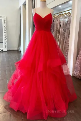 Puffy Red Tulle V Neck Long Prom Dresses V Neck Red Formal Dresses Red Evening Dresses