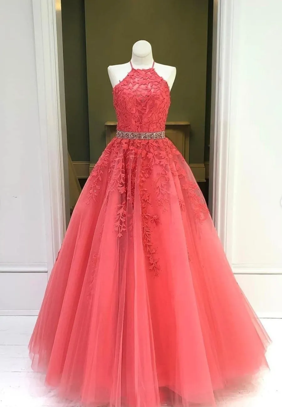 Red Lace Floor Length Prom Dresses A-Line Formal Evening Dresses