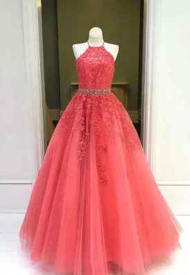 Red Lace Floor Length Prom Dresses A-Line Formal Evening Dresses