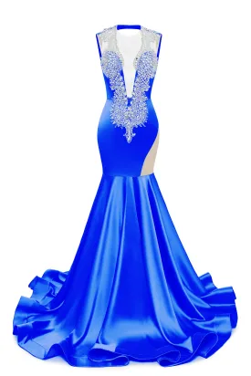 Royal Blue Deep V Neck Mermaid Satin Prom Dresses Sparkly Beaded Pageant Crystals Evening Formal Dresses