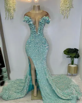 Sequins Light Blue Prom Dresses, Mermaid Prom Dresses, Ruffle  Side Slit Custom Make Evening Dresses