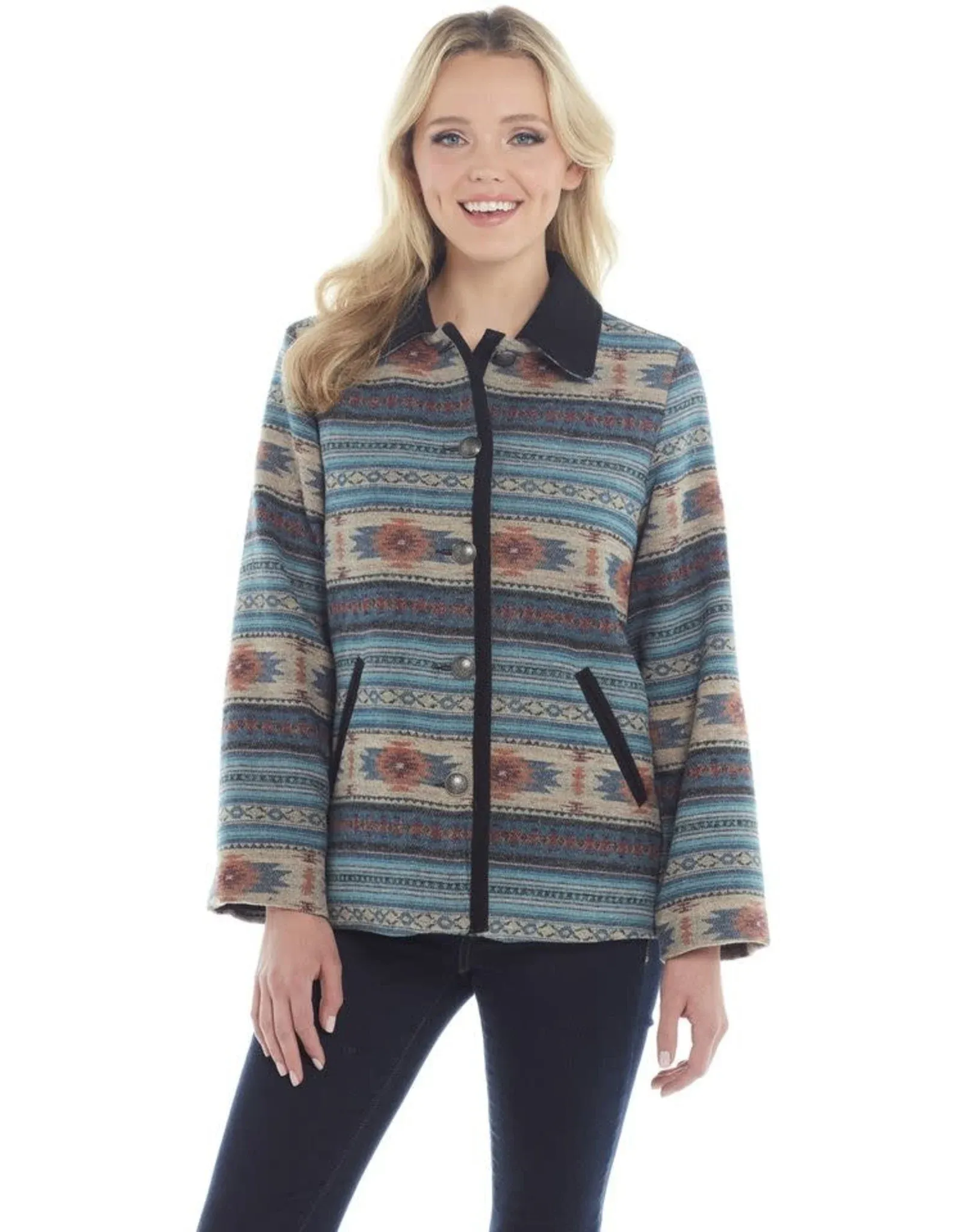 Sidran Women's Turquoise and Desert Sand Aztec Blanket Jacket