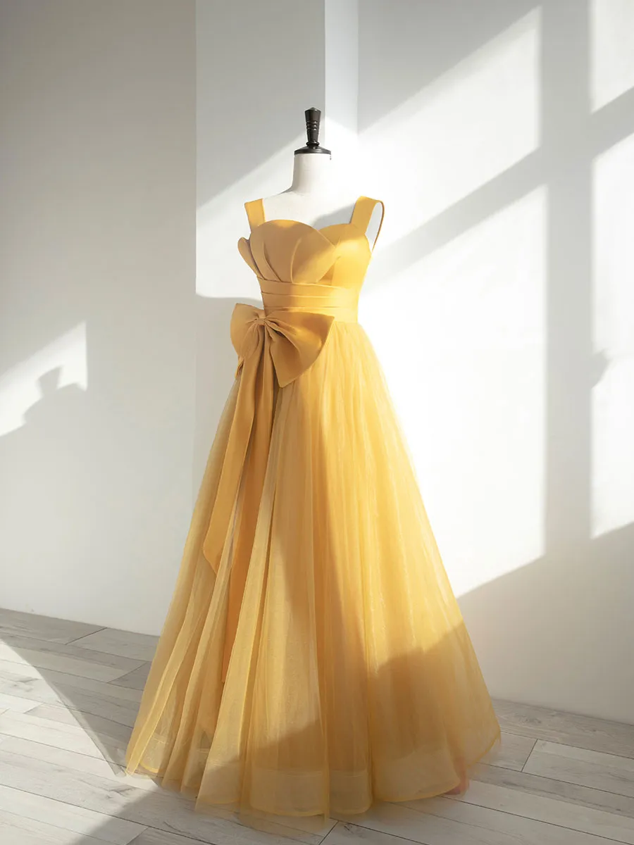 Simple Yellow Tulle Long Prom Dress, Yellow Formal Bridesmaid Dresses