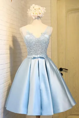 Sky Blue A Line V Neck Short Prom Dresses Appliques Lace Homecoming Dresses