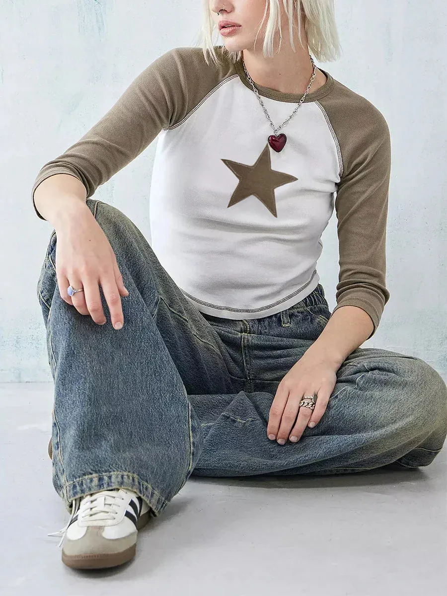 Star Print Slim Fit Round Neck 3/4 Sleeve Show Navel Grunge Streetwear Retro T-shirt