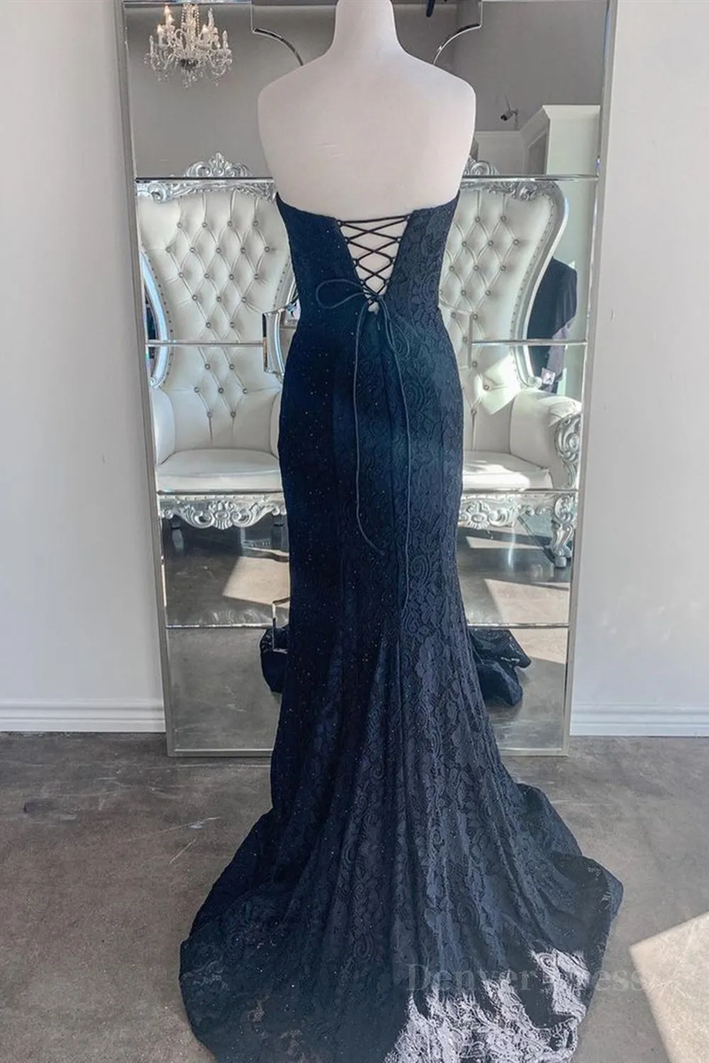 Strapless Mermaid Dark Blue Lace Long Prom Dresses Mermaid Dark Blue Lace Formal Dresses Dark Blue Lace Evening Dresses