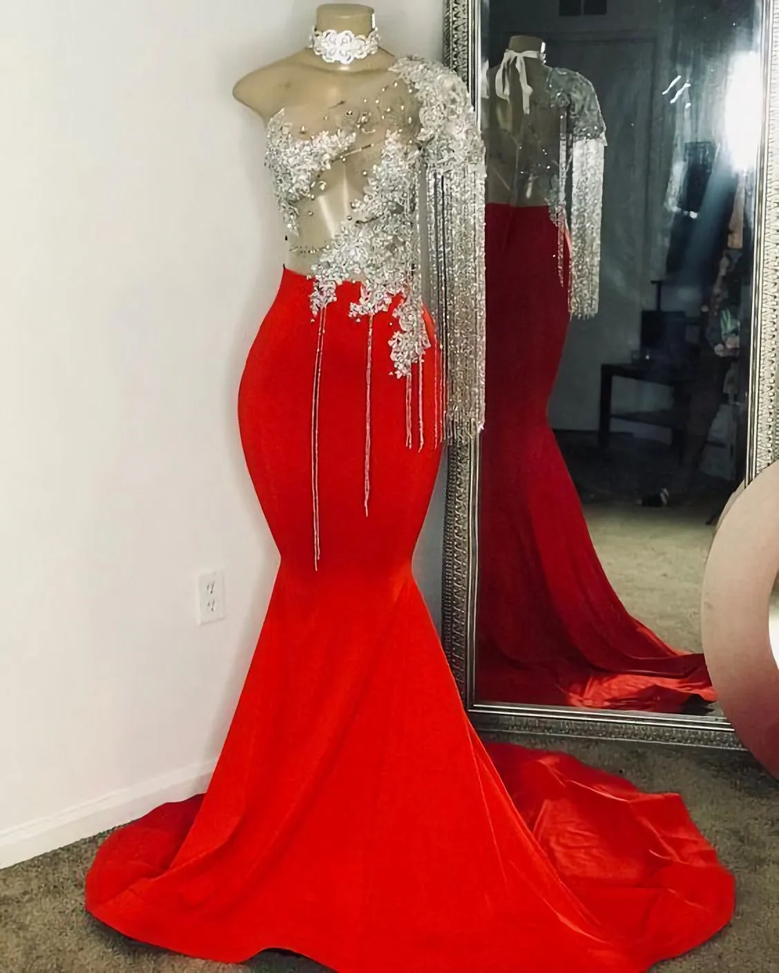 Tassel Prom Dresses One Shoulder Prom Dresses Mermaid Prom Dresses Red Prom Dress