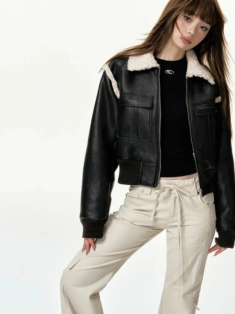 Trendy Faux Leather Lamb Wool Patchwork Cropped Jacket