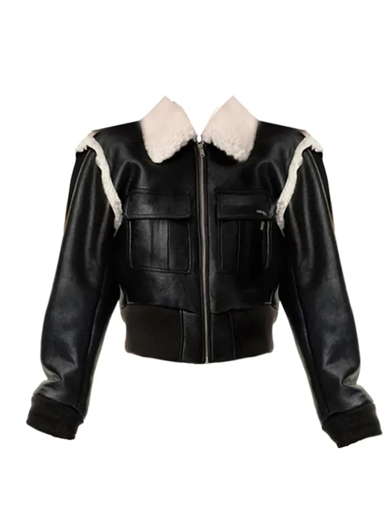 Trendy Faux Leather Lamb Wool Patchwork Cropped Jacket