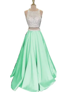 Two Piece Prom Dresses Beautiful Open Back Sequins Mint Satin Prom Dresses Long