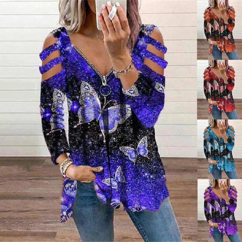 V-neck butterfly print long-sleeved T-shirt with zipper