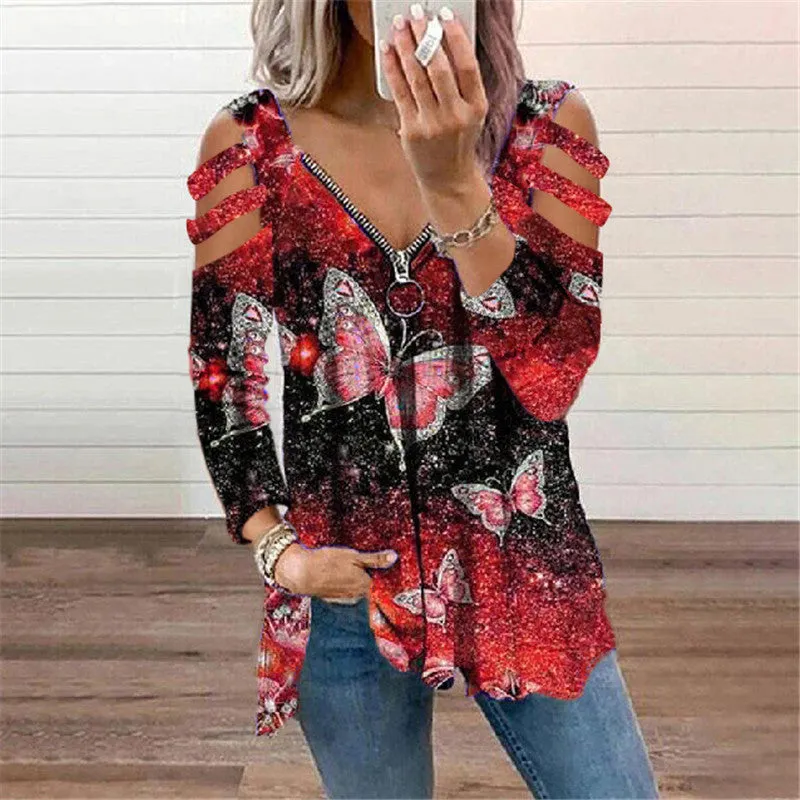 V-neck butterfly print long-sleeved T-shirt with zipper