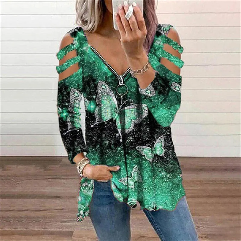 V-neck butterfly print long-sleeved T-shirt with zipper