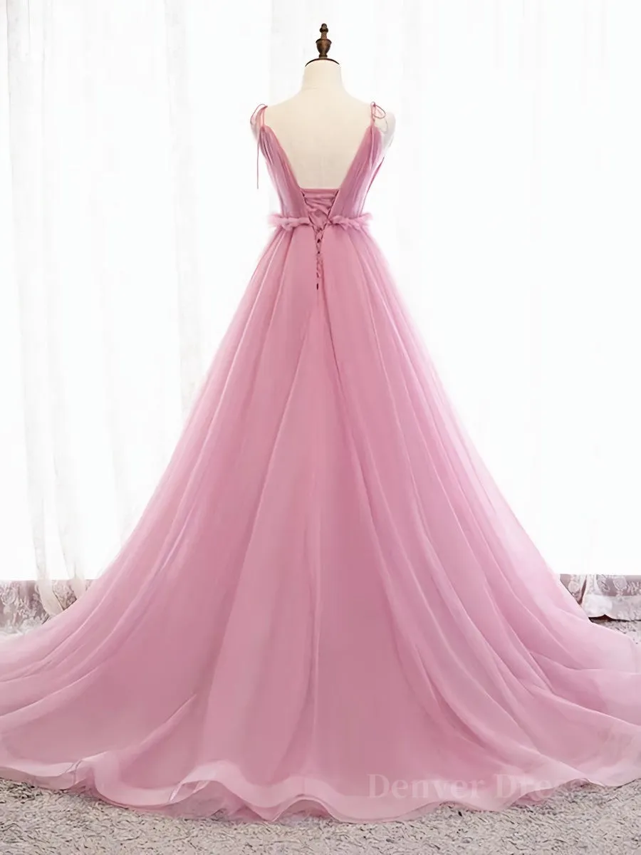 V Neck Pink Tulle Prom Dresses with Train Pink Long Formal Evening Graduation Dresses