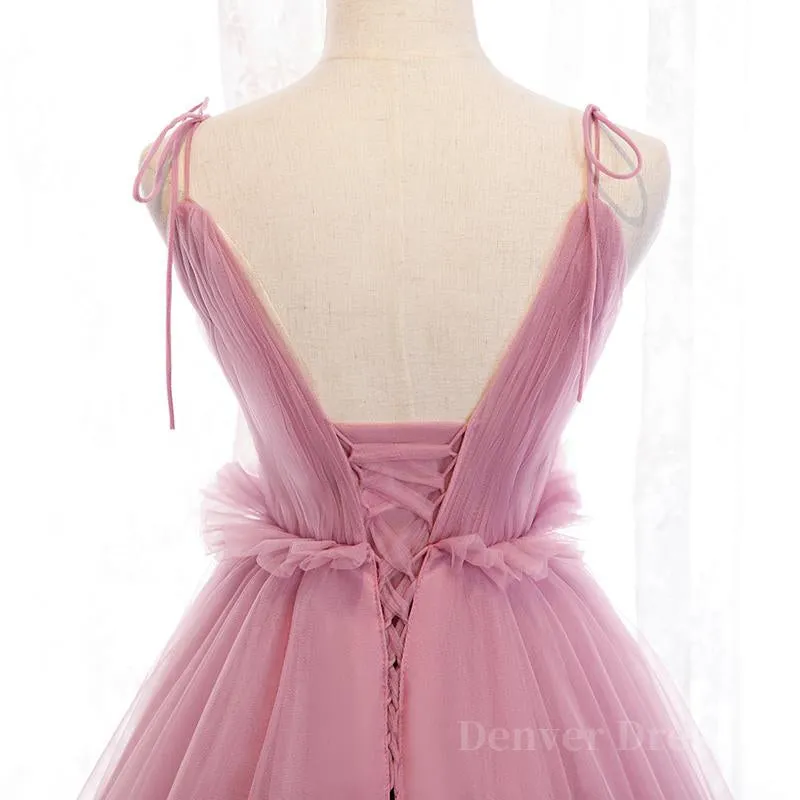 V Neck Pink Tulle Prom Dresses with Train Pink Long Formal Evening Graduation Dresses