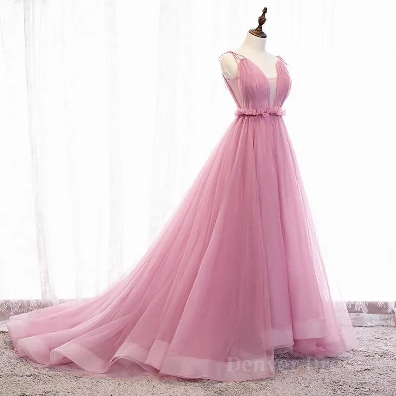 V Neck Pink Tulle Prom Dresses with Train Pink Long Formal Evening Graduation Dresses