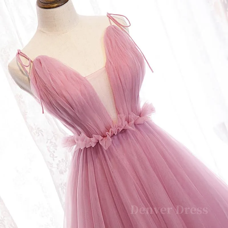 V Neck Pink Tulle Prom Dresses with Train Pink Long Formal Evening Graduation Dresses