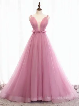 V Neck Pink Tulle Prom Dresses with Train Pink Long Formal Evening Graduation Dresses