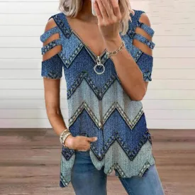 V-neck zipper geometric print suspender hollow top loose T-shirt