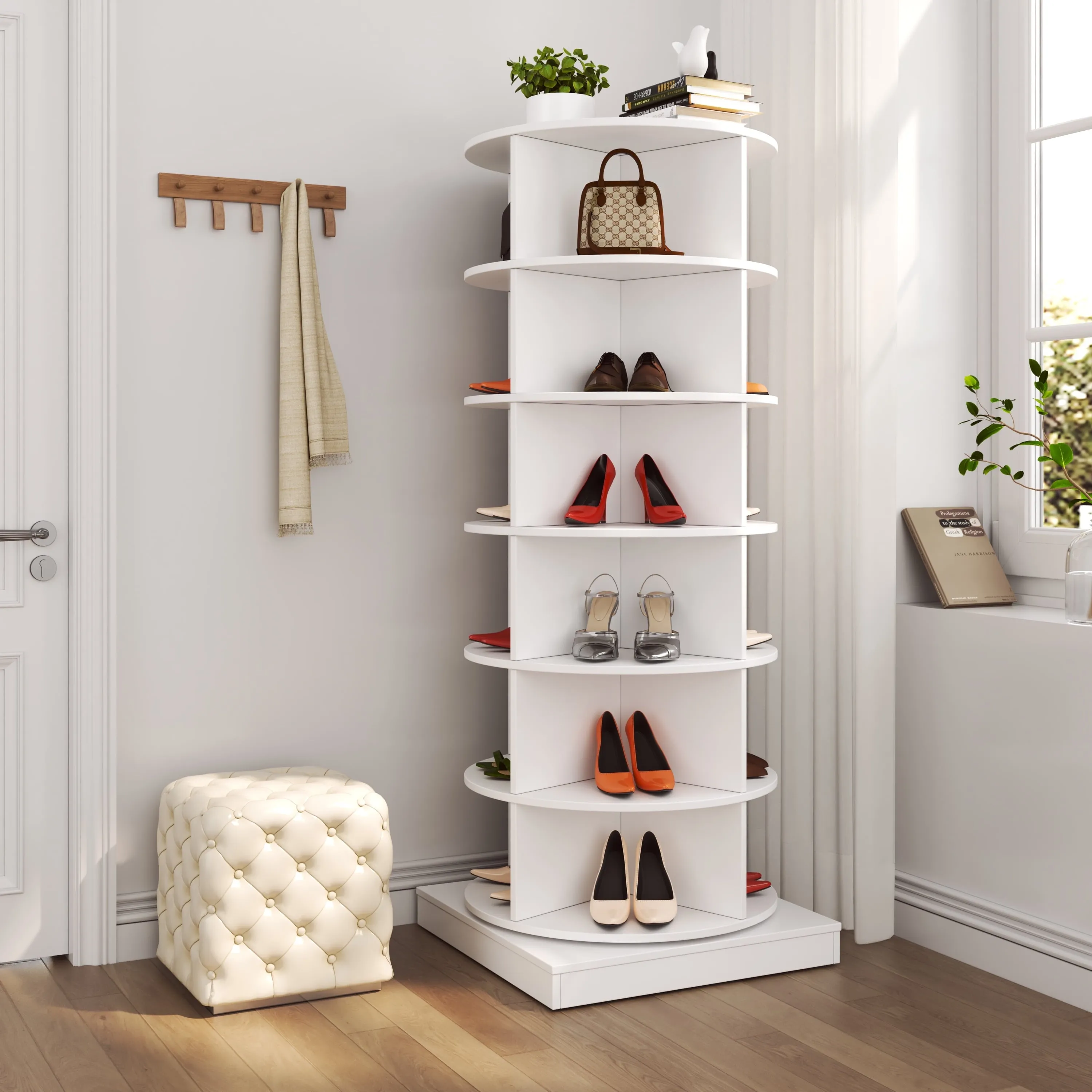 valiant 7 Tiers 360Â°Shoe Rack, Organizer Spinning Shoe Cabinet, Rotating Shoe Organizer Tower Holds Up to 28 Pairs of Shoes, White