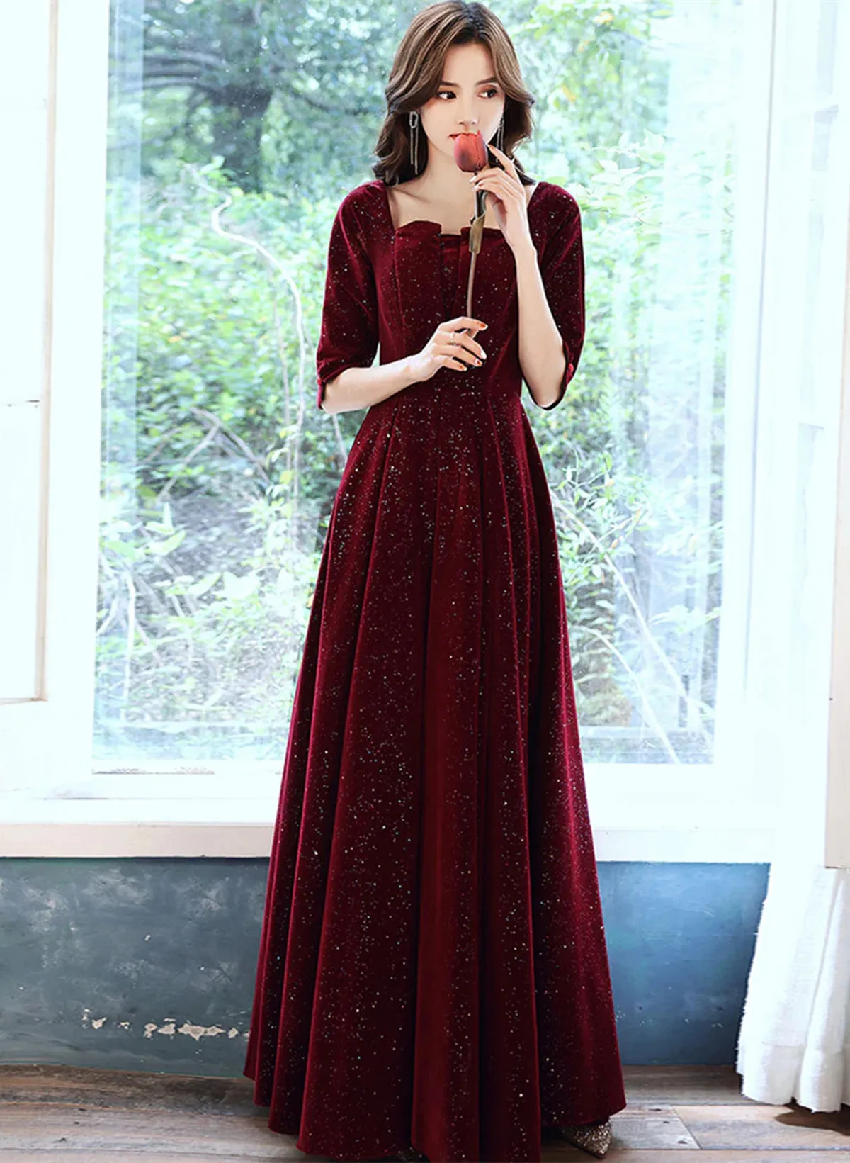 Wine Red Velvet Short Sleeves Long Wedding Party Dress, Wine Red Prom Dress