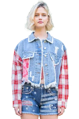 Women's Miss Me Jeans Plaid American Flag Denim Jacket