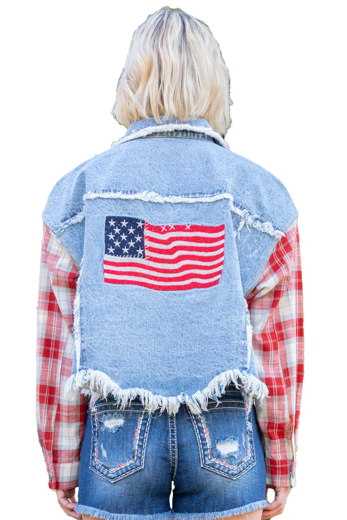 Women's Miss Me Jeans Plaid American Flag Denim Jacket