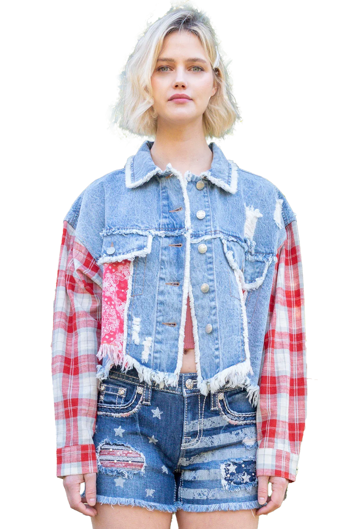 Women's Miss Me Jeans Plaid American Flag Denim Jacket